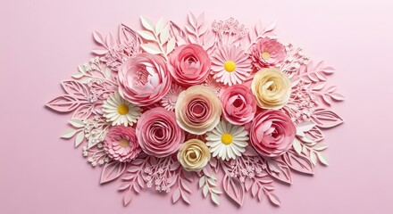 Top view of beautiful paper flowers and leaves on a pink background, perfect for adding a touch of elegance to any design
