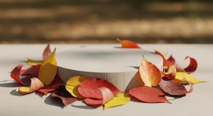 Autumn leaves adorn a circular podium, casting shadows in the sunlight, creating a serene and inviting scene for display