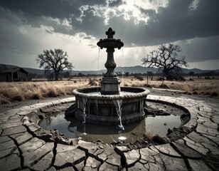 Abandoned Fountain Surrounded by Dry Landscape Under Dark Clouds