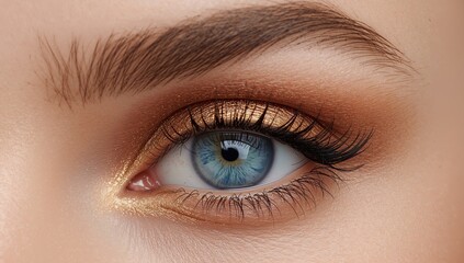 An Eye Adorned. Macro View of Eye with Golden Shadow and Blue Iris Detail.