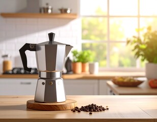 Modern kitchen, coffee maker, sunlight