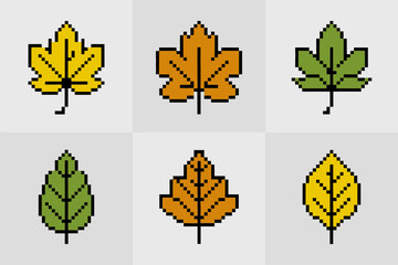 Pixel foliage grid collection, autumn leaves on square tiles, retro style, warm seasonal palette, decorative 8 bit vector