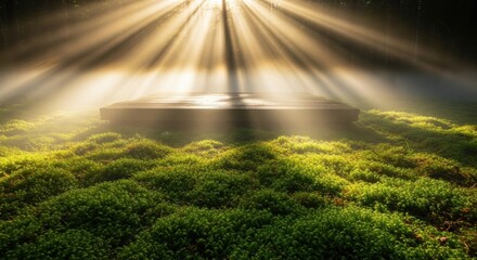 Sunlight streams onto a mossy platform, creating a mystical and ethereal atmosphere, perfect for showcasing a product or concept