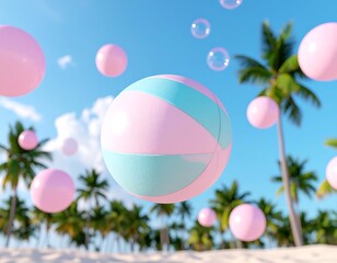 Pastel beach balls in a tropical scene
