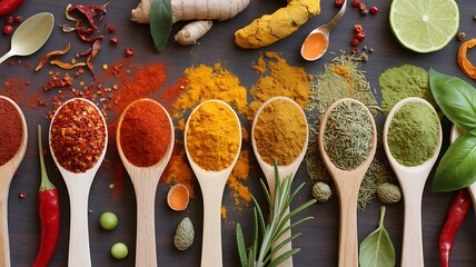 Colorful spices in wooden spoons with fresh ingredients