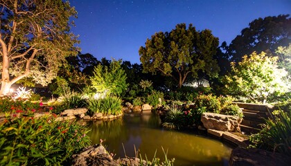 Obraz premium Nighttime garden scene with pond and trees