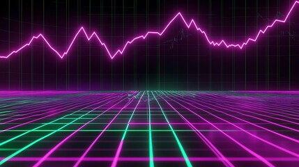 Neon grid and abstract graph line in retro futuristic style