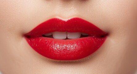 Fototapeta premium Crimson Shine. A Portrait of Lips and Teeth, Bold Red Color and Glossy Texture.