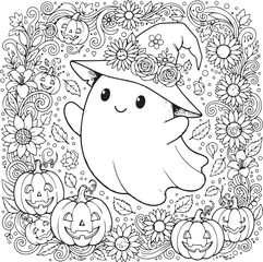 Spooky halloween illustration with pumpkins bats and a haunted house silhouette