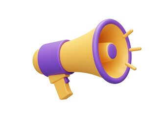 Yellow and Purple Megaphone Illustration for Announcements Marketing and Communications Loudspeaker isolated on white background render promotion and advertising 3D illustration