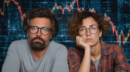 Frustrated individuals staring at financial charts, depicting economic uncertainty and stress in a corporate environment.
