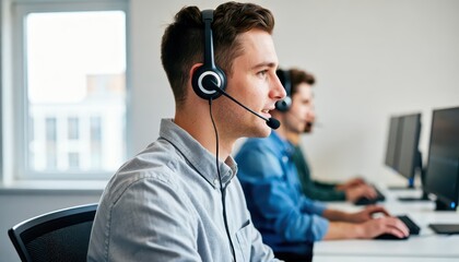 Customer support agents in action office environment digital interaction modern workspace professional viewpoint