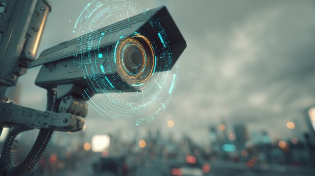 Futuristic surveillance camera capturing urban scenery with digital overlay and innovative design.