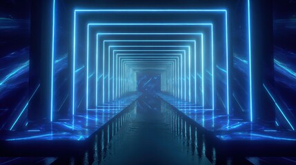 Futuristic tunnel with glowing blue neon lights illuminating a pathway into the unknown.
