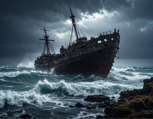 Abandoned Ship Wreck in Stormy Sea Under Dark Clouds at Dusk