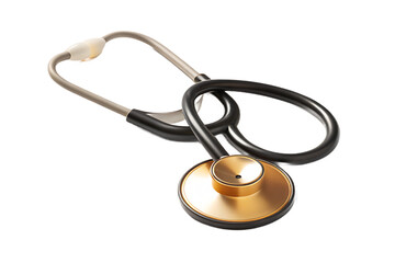 A close up shot of a black and gold stethoscope with silver tubing on a black background studio shot