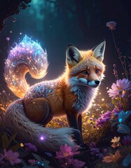 Fantasy Wildlife with Glowing Flowers and Magical Atmosphere
