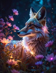 Fantasy Wildlife with Glowing Flowers and Magical Atmosphere