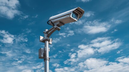 High-definition surveillance camera against a clear blue sky with clouds, ideal for security and monitoring purposes.