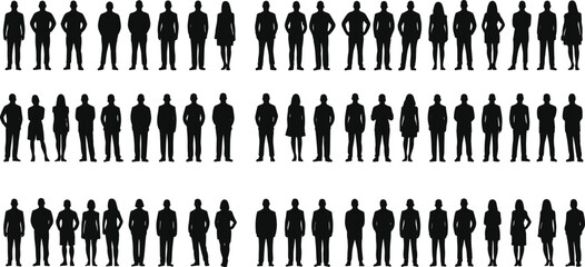 Business people silhouette group illustration, standing man and woman, office workers, professional team, corporate staff vector, black shadow figure design
