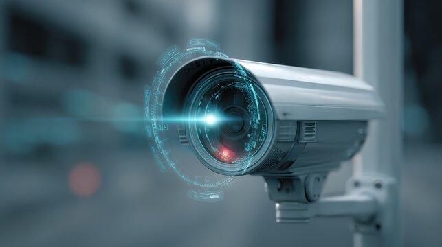 High-tech security camera monitoring an urban environment with visual effects and digital connectivity.