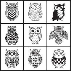 Whimsical owl illustration with geometric alpona pattern