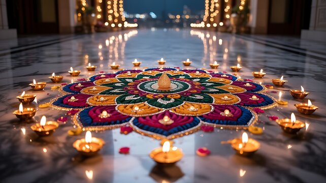Vibrant rangoli design illuminated by diyas during festival celebration - Powered by Adobe