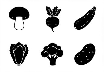 Black silhouette icons of various common vegetables including mushroom, beet, zucchini, lettuce, broccoli, and potato, representing healthy food and produce.