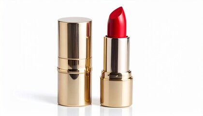 Obraz premium Render a red lipstick in metallic pink casing with shiny silver inner tube, standing upright beside its cap on a reflective surface, isolated against a clean white background with soft lighting.