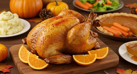 Golden Roasted Turkey with Orange Slices, Thanksgiving Feast Still Life