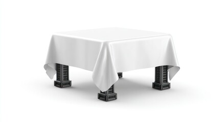 A low-angle isolated square table shrouded in a white tablecloth. It features four abstract, dark-gray geometric legs. Soft light and smooth gradients