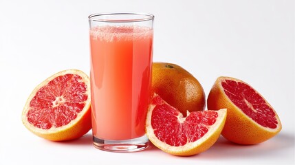 Refreshing grapefruit juice in a glass with fresh grapefruit slices around it, perfect for a healthy lifestyle.