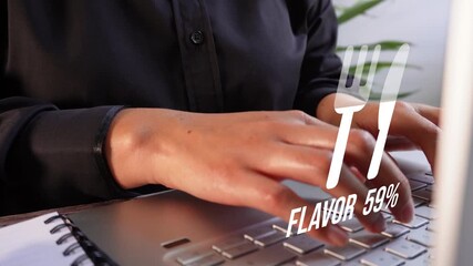 Focused shot of a professional woman's hands using a laptop with a simple progress percentage meter and cutlery icon animation. - Powered by Adobe