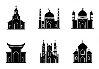 A vector set of church and castle silhouettes showing architecture from Europe with various icons of religion and travel landmarks like a cathedral or mosque in a city skyline