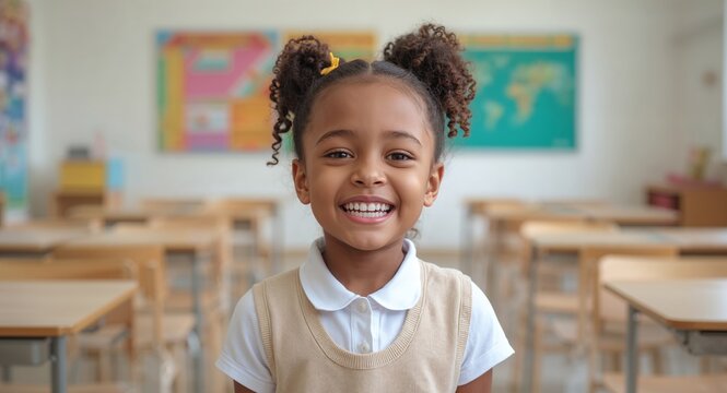 Portrait of a Cheerful Schoolgirl Smiling in Classroom, Ready to Learn.
