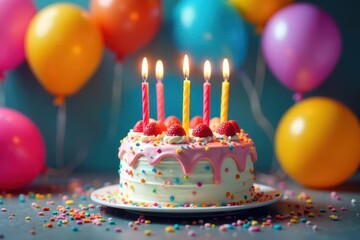 A festive birthday cake surrounded by vibrant balloons and glowing candles , candles, design, happy