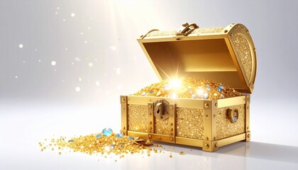 Render a shiny gold treasure chest with ornate handles and open lid, placed in a bright white architectural space with arches and columns, emphasizing contrast between luxury and minimalist elegance.