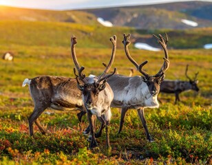 Majestic Reindeer Grazing in Lush Green Wilderness Landscape