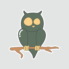 Cute Spooky Owl Sticker. A hand-drawn vector illustration of a dark, stylized owl perched on a branch, perfect for Halloween, autumn, and nature-themed designs