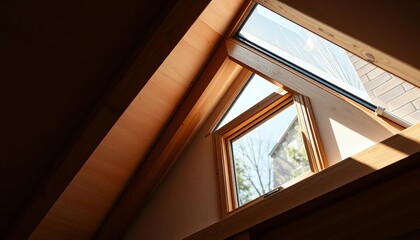 Obraz premium Rustic wooden framed skylight window installed in a sloped roof, natural light streaming through, daylight, frame