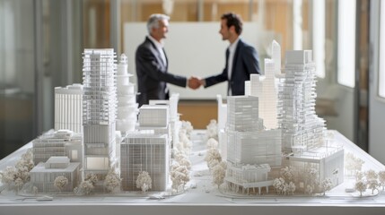 Two architects shake hands over a city model showcasing future urban design and collaboration in a bright office.