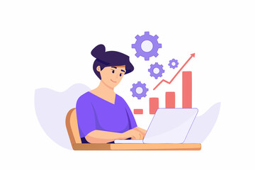 Woman working on laptop with growth chart and gears symbolizing business progress and efficiency