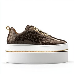 luxury crocodile-textured deep brown and gold sneakers