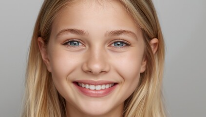 Fototapeta premium Portrait of a Smiling Face with Blonde Hair and Blue Eyes, Neutral Background.
