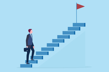 Obraz premium Businessman climbing stairs towards a red flag representing success and achievement