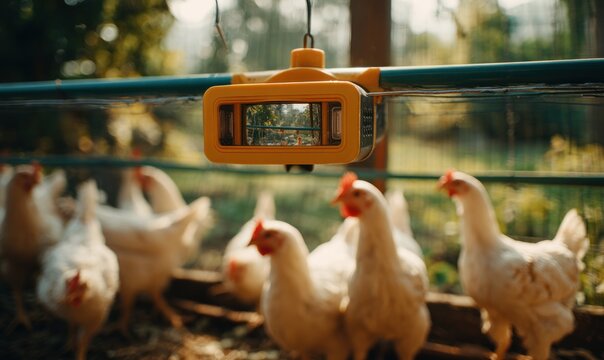 A bright yellow automated door opener is mounted on a chicken coop, with white hens clustered below in the sun-dappled enclosure