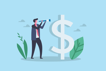 Businessman with telescope looking towards large dollar symbol representing financial future and investment opportunities