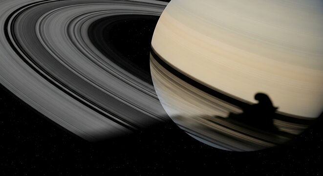Saturn with Rings and Prometheus Shadow: Outer Space Planet Illustration