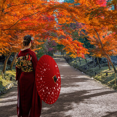 Japanese Woman in Traditional Kimono Dress at Daigoji Temple with beautiful foliage in autumn in Kyoto, Japan