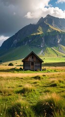 Serene Mountain Landscape with Wooden Cabin and Rolling Hills
